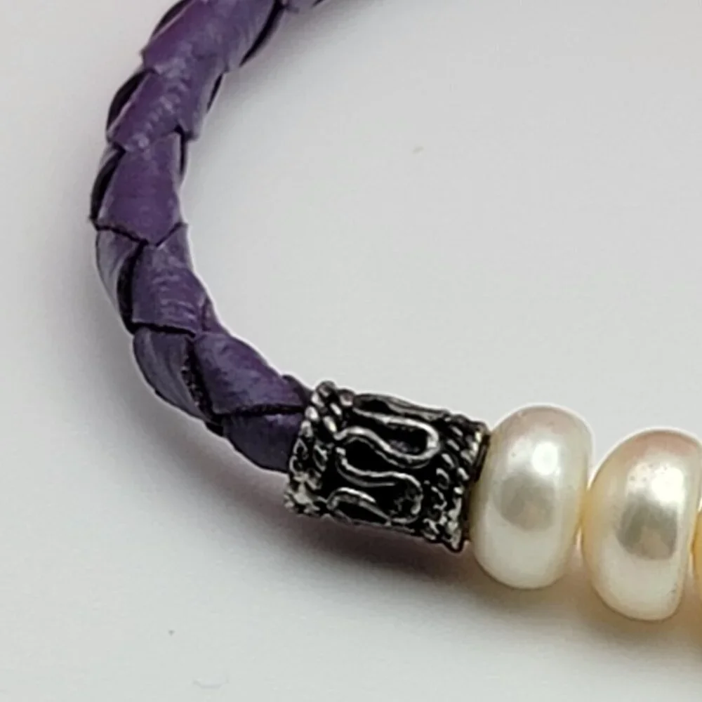 Sterling Silver Cream Natural Pearl Braided Cord Bracelet 6.5